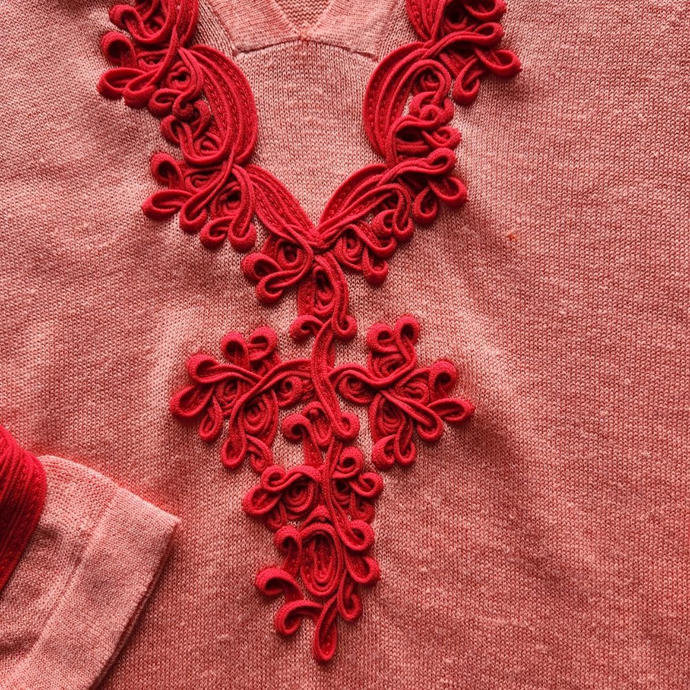 Soft Surroundings Linen Blend Ribbon Embellishing Tunic Top Long Sleeve Coral - Picture 8 of 8